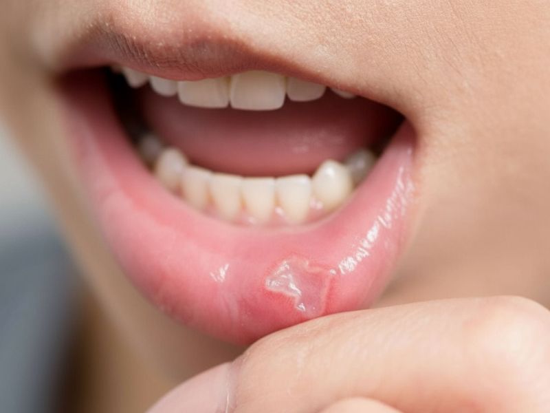 devojka pokazuje aftu koja joj je nastala na desnoj strani usne